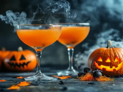 Zwei Coupé-Gläser mit einem leuchtend orangefarbenen Halloween Cocktail stehen auf einer dunklen, nebelverhangenen Oberfläche. Rauch (möglicherweise von Trockeneis) steigt dramatisch um die Gläser auf. Rechts und links im Hintergrund sind geschnitzte, leuchtende Kürbisse mit gruseligen Gesichtern platziert. Die Szene, dekoriert mit orangefarbenen Blättern und kleinen, dunklen Früchten, fängt die gespenstische und festliche Atmosphäre eines Halloween-Abends ein.