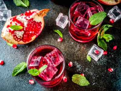 Ein dramatisches Flat-Lay-Foto zeigt zwei Tumbler-Gläser, gefüllt mit dem leuchtend rubinroten New York Sour, da er mit Rotwein zubereitet wird. Die Drinks sind mit klaren Eiswürfeln und frischen Minzblättern garniert. Daneben liegt eine halbierte, aufgeschnittene Granatapfelfrucht, deren Kerne lose um die Gläser verstreut sind. Das dunkle, strukturierte Hintergrundthema erzeugt einen starken Kontrast zur hellen Minze und den roten Granatapfelkernen, was die Komplexität und Eleganz des Cocktails unterstreicht.