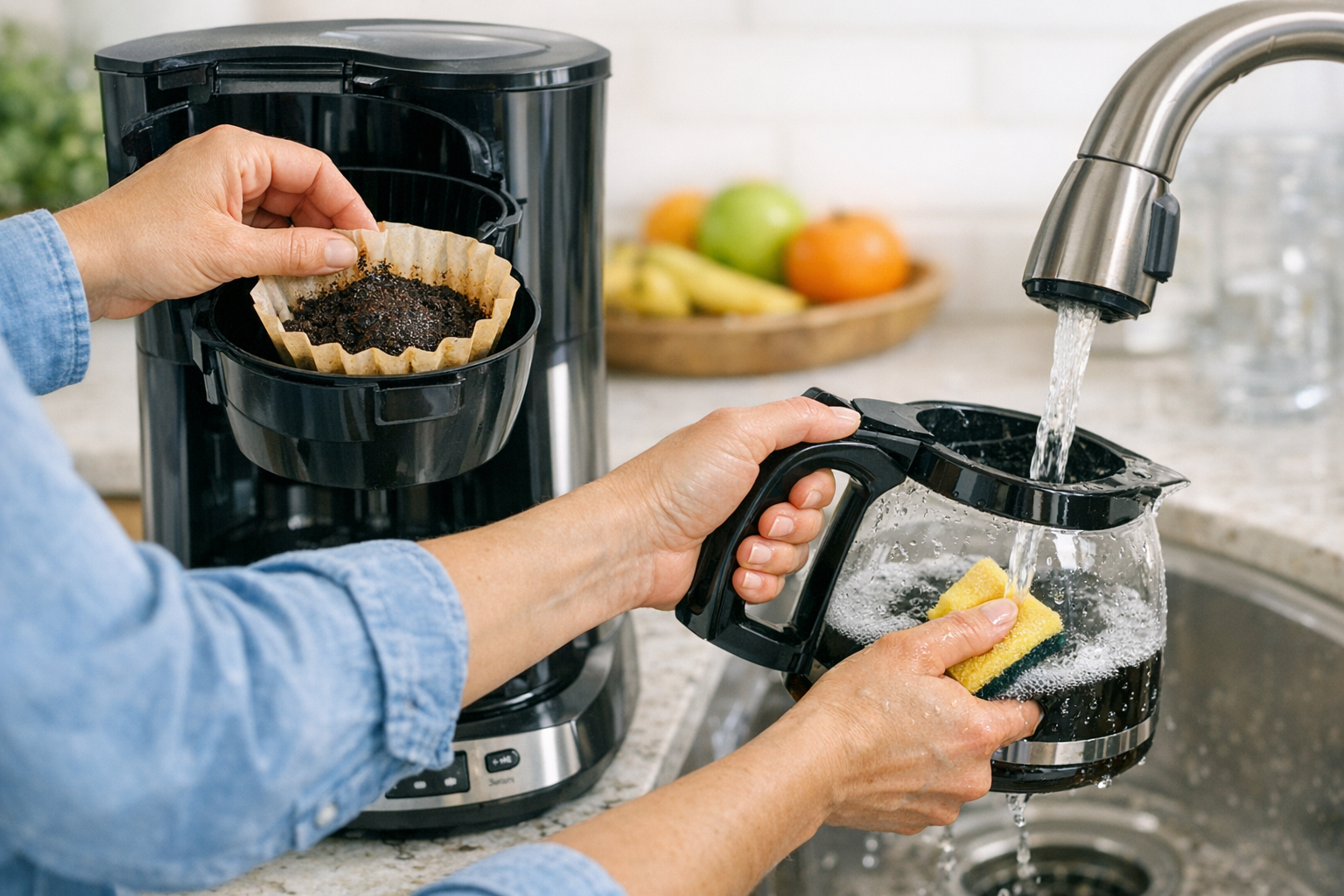 Reinigung und Wartung einer amerikanischen Kaffeemaschine mit Filter und Kanne