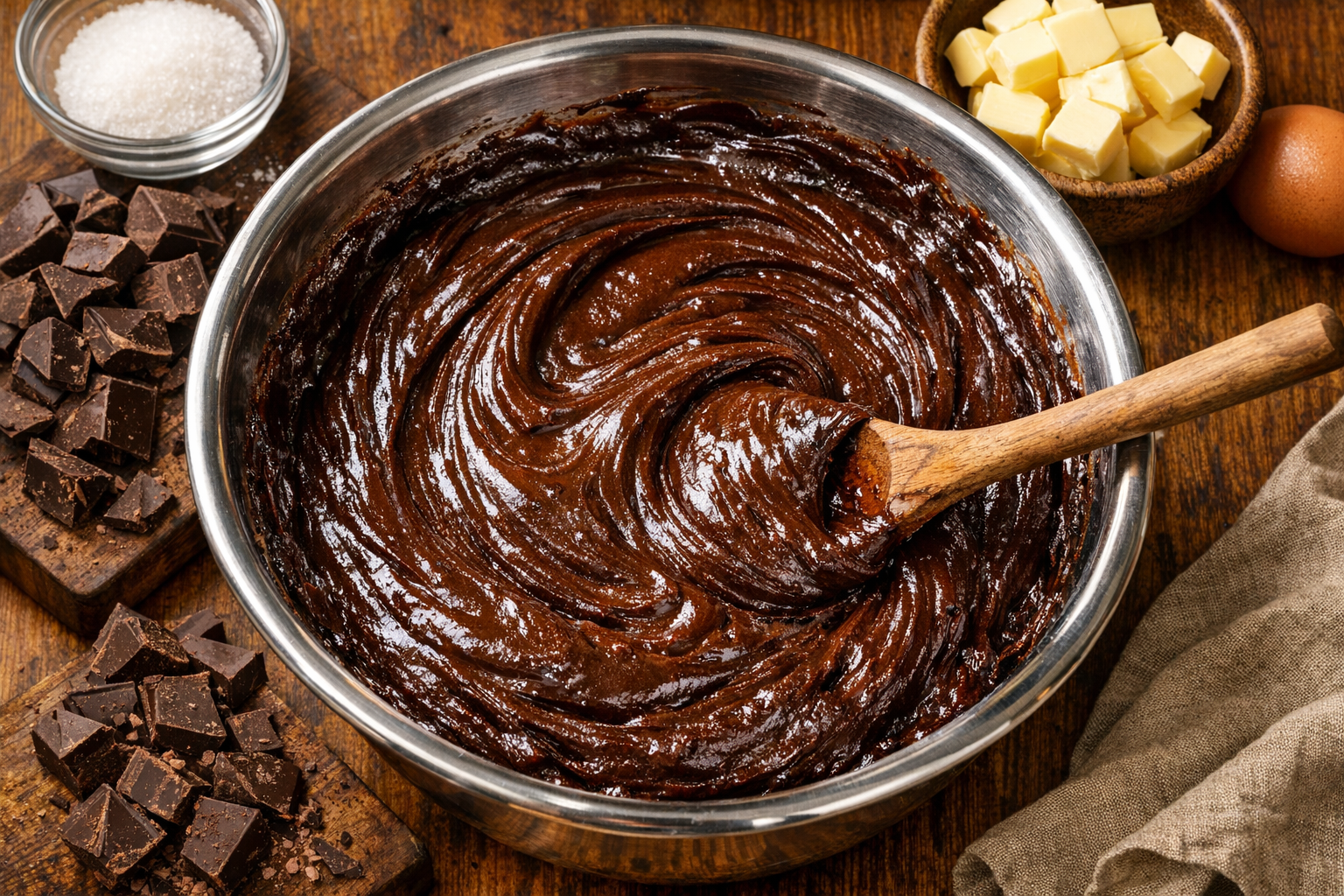 Glänzender American Brownie Teig in Rührschüssel