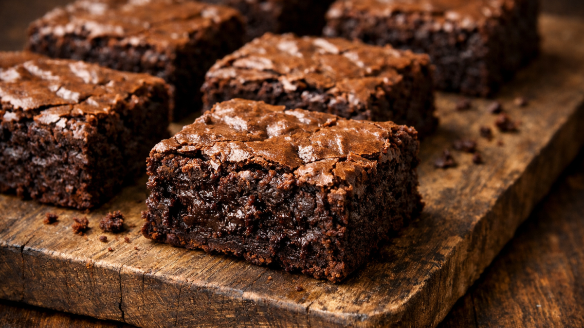 American Brownie Stücke mit fudgy Textur auf Holzbrett