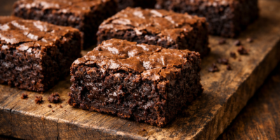 American Brownie Stücke mit fudgy Textur auf Holzbrett