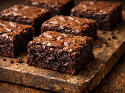 American Brownie Stücke mit fudgy Textur auf Holzbrett