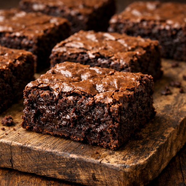 American Brownie Stücke mit fudgy Textur auf Holzbrett