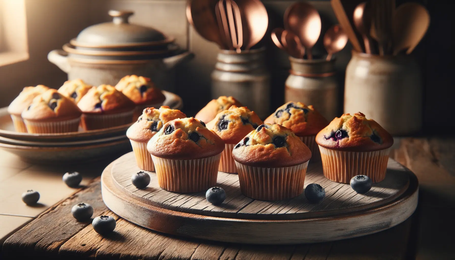Fertige amerikanische Blaubeer Muffins auf einem Holzbrett