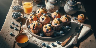 Frisch gebackene amerikanische Blaubeer Muffins mit saftigen Blaubeeren
