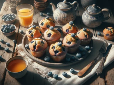 Frisch gebackene amerikanische Blaubeer Muffins mit saftigen Blaubeeren