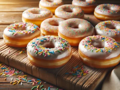 Frisch gebackene amerikanische Donuts mit Glasur und Streuseln