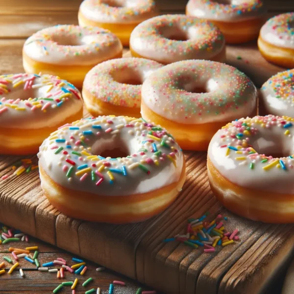 Frisch gebackene amerikanische Donuts mit Glasur und Streuseln