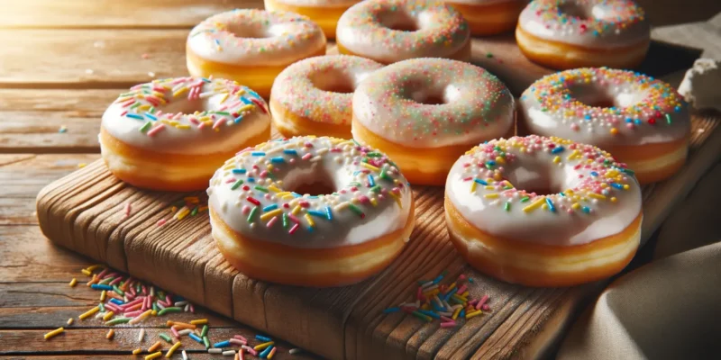 Frisch gebackene amerikanische Donuts mit Glasur und Streuseln