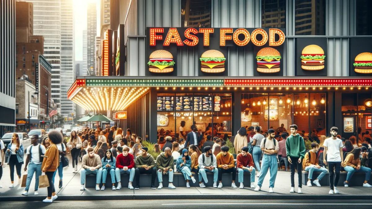 Amerikanische Fast Food Ketten Filiale draußen mit Kunden und Logo