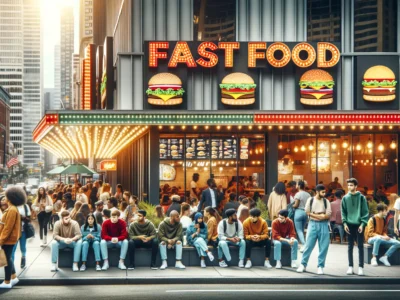 Amerikanische Fast Food Ketten Filiale draußen mit Kunden und Logo