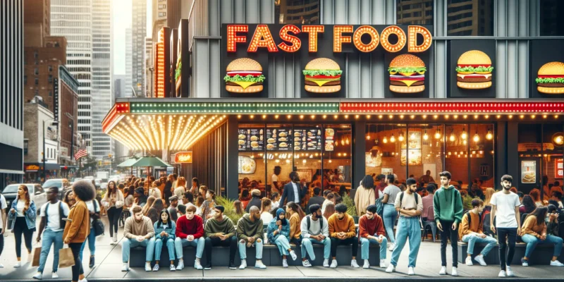 Amerikanische Fast Food Ketten Filiale draußen mit Kunden und Logo