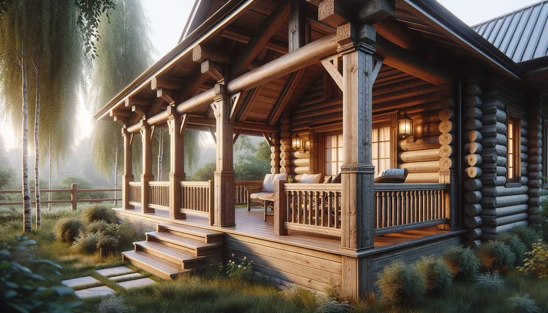 Rustikale Holzveranda mit Überdachung im amerikanischen Stil