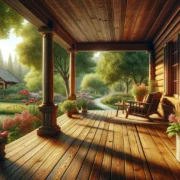 Amerikanische Veranda mit Holzgeländer und Gartenblick