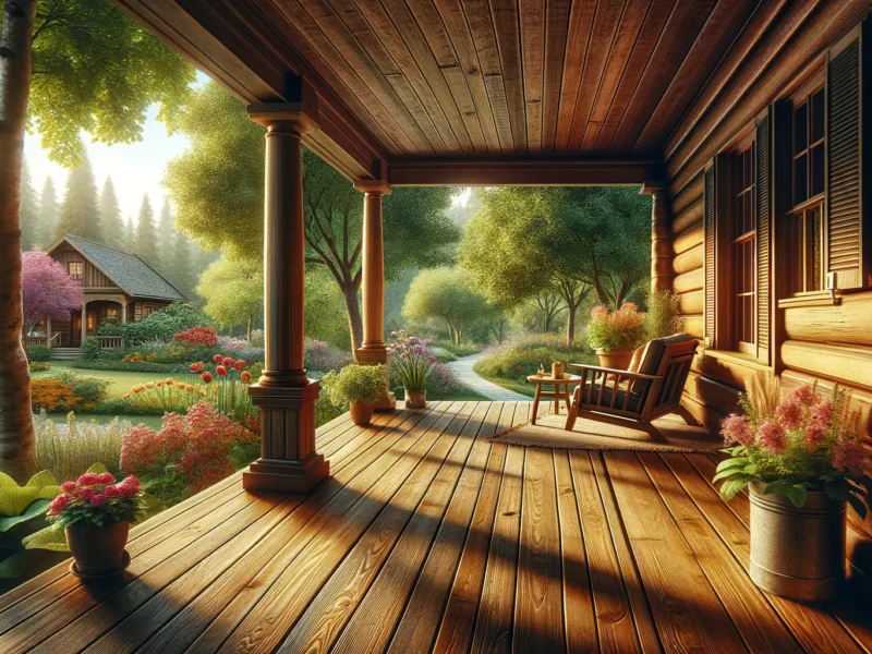 Amerikanische Veranda mit Holzgeländer und Gartenblick