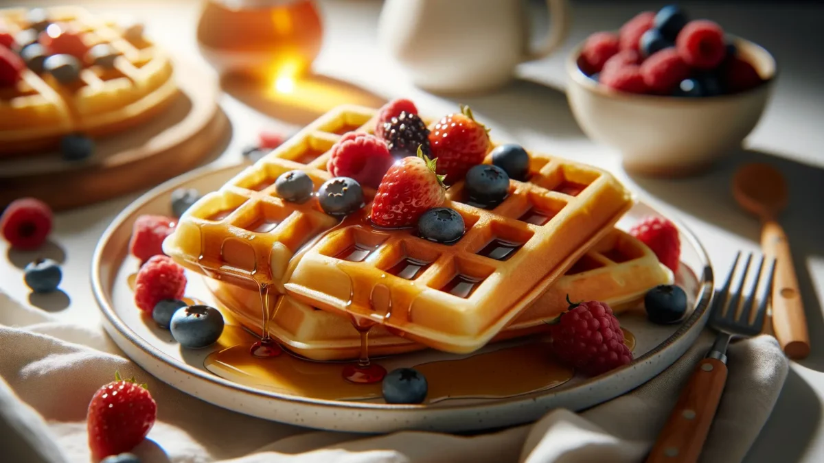 Amerikanische Waffeln mit Ahornsirup und Beeren auf weißem Teller