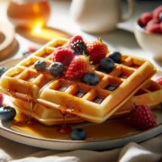 Amerikanische Waffeln mit Ahornsirup und Beeren auf weißem Teller