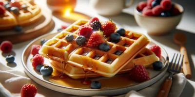 Amerikanische Waffeln mit Ahornsirup und Beeren auf weißem Teller