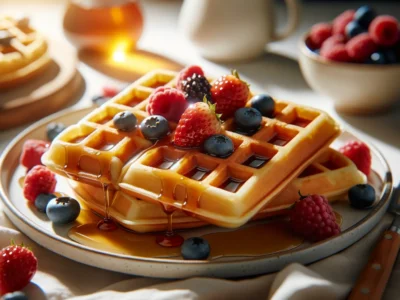 Amerikanische Waffeln mit Ahornsirup und Beeren auf weißem Teller