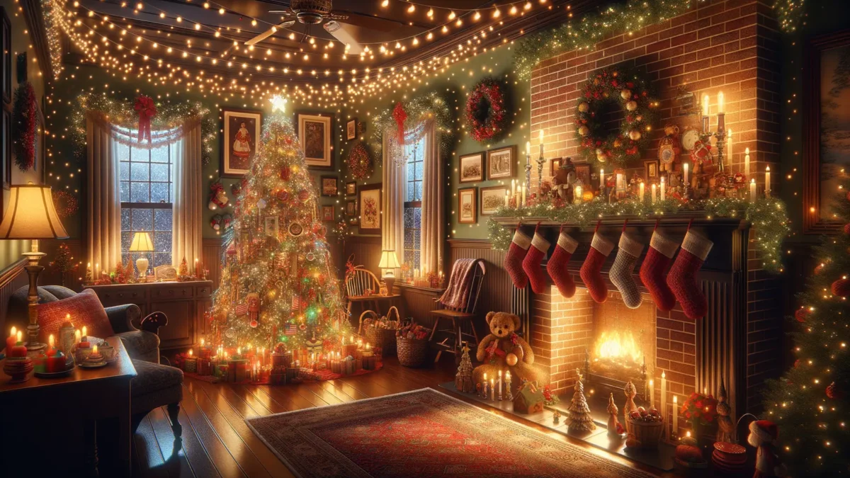 Amerikanische Weihnachtsbräuche mit Weihnachtsdeko und Lichterketten