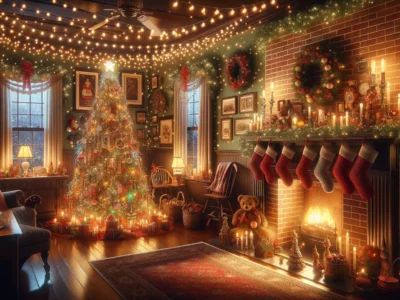 Amerikanische Weihnachtsbräuche mit Weihnachtsdeko und Lichterketten