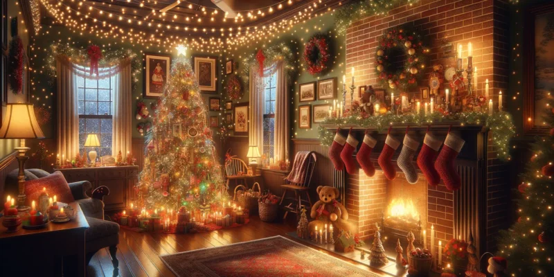 Amerikanische Weihnachtsbräuche mit Weihnachtsdeko und Lichterketten