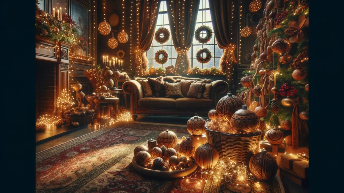 Amerikanische Weihnachtsdeko mit Lichterketten und Holzornamenten für festliche Stimmung