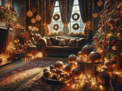 Amerikanische Weihnachtsdeko mit Lichterketten und Holzornamenten für festliche Stimmung