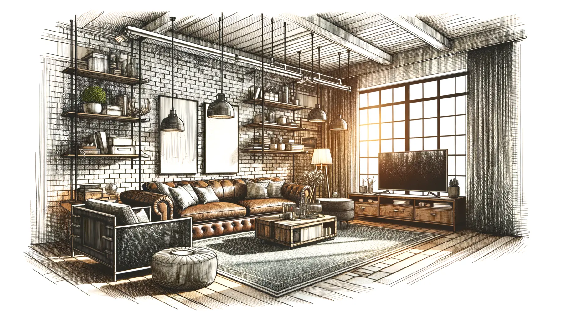 Modernes amerikanisches Wohnzimmer mit Vintage- und Industrial-Elementen