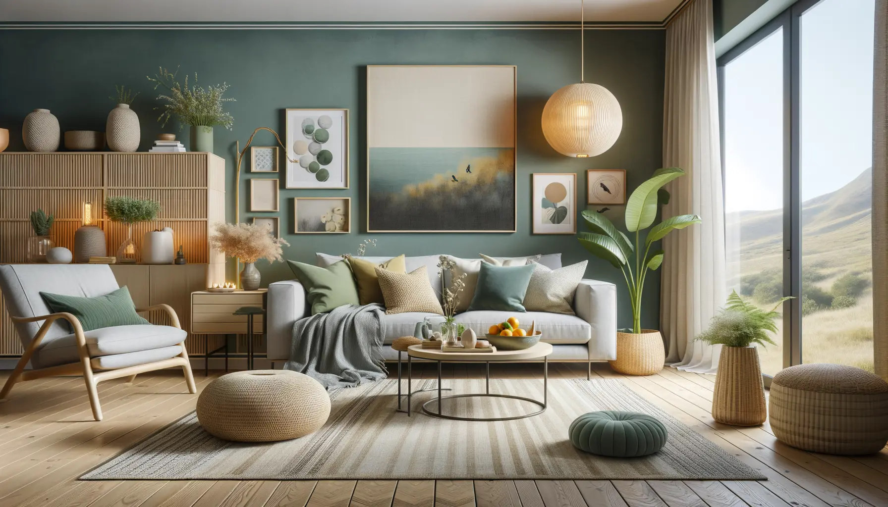 Nachhaltig eingerichtetes amerikanisches Wohnzimmer mit Naturmaterialien und Trendfarben