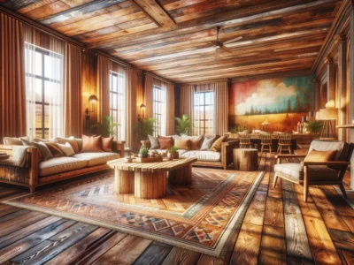 Amerikanisches Wohnzimmer mit rustikalen Holzmöbeln und komfortablem Sofa