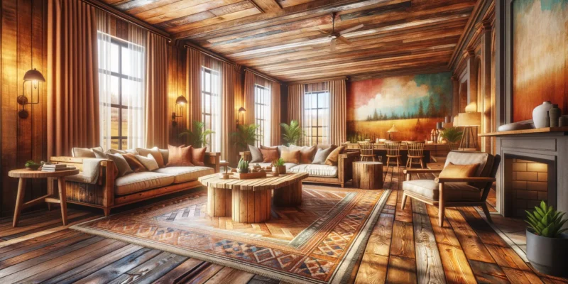 Amerikanisches Wohnzimmer mit rustikalen Holzmöbeln und komfortablem Sofa