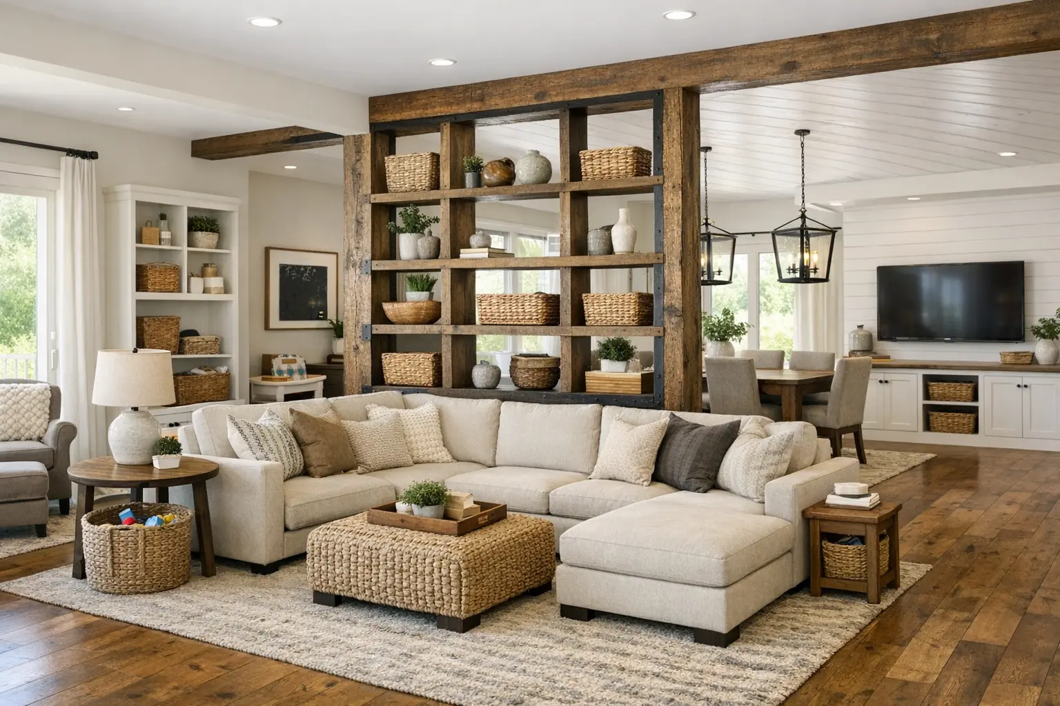 Offenes amerikanisches Landhausstil Wohnzimmer mit Zonierung und Stauraum