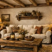 Amerikanischer Landhausstil Wohnzimmer mit Holzmöbeln und gemütlicher Einrichtung