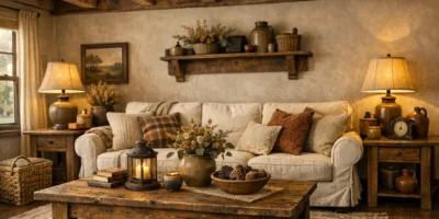 Amerikanischer Landhausstil Wohnzimmer mit Holzmöbeln und gemütlicher Einrichtung