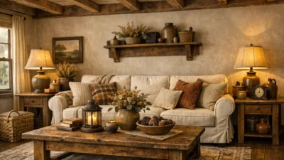 Amerikanischer Landhausstil Wohnzimmer mit Holzmöbeln und gemütlicher Einrichtung