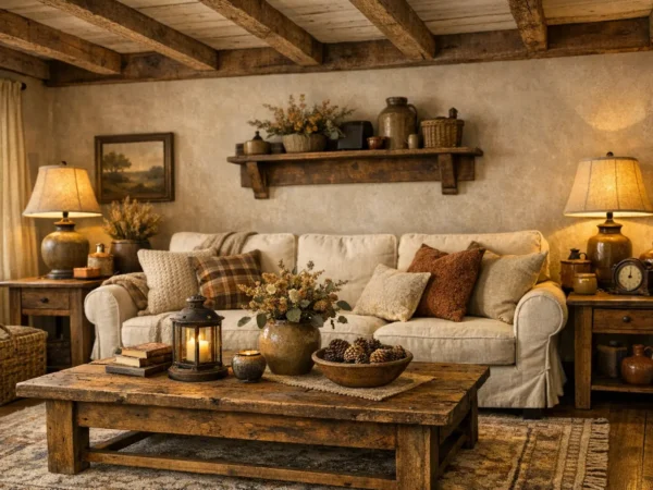 Amerikanischer Landhausstil Wohnzimmer mit Holzmöbeln und gemütlicher Einrichtung