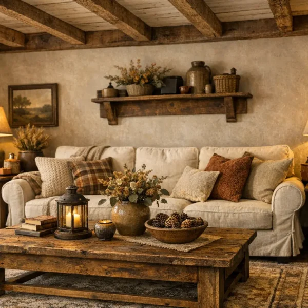 Amerikanischer Landhausstil Wohnzimmer mit Holzmöbeln und gemütlicher Einrichtung