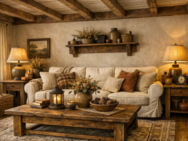 Amerikanischer Landhausstil Wohnzimmer mit Holzmöbeln und gemütlicher Einrichtung