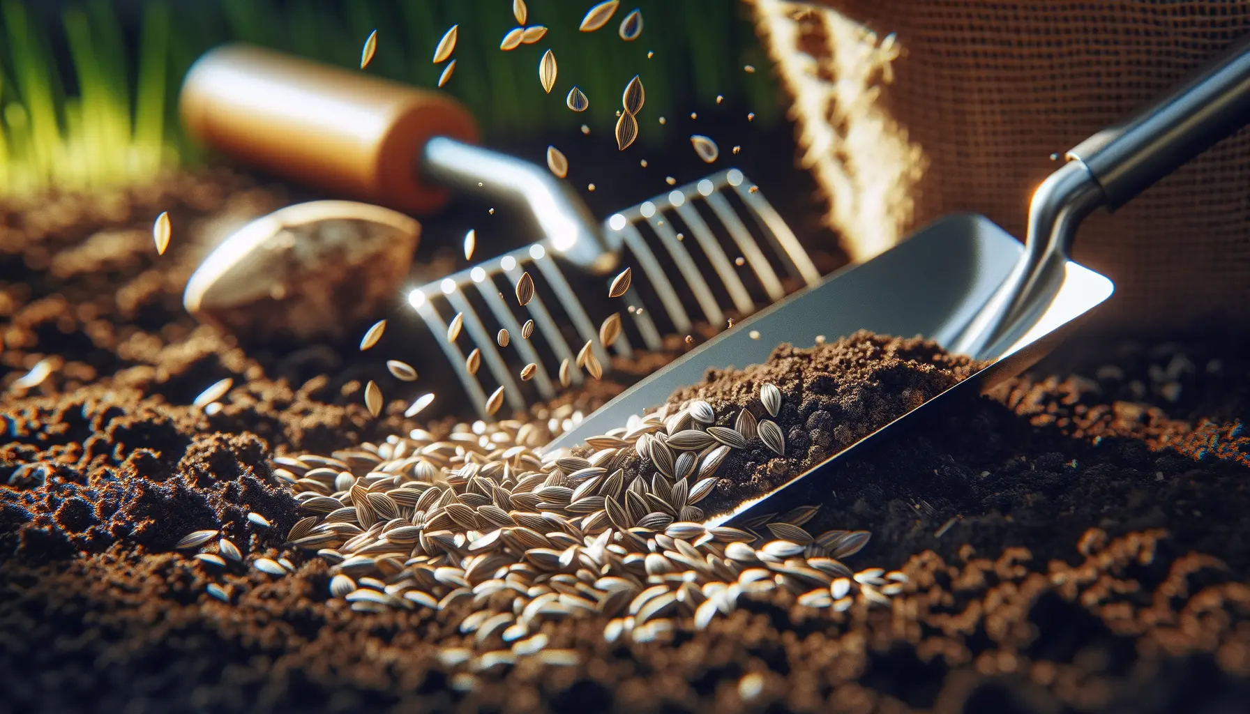 Amerikanischer Rasen Saatgut auf vorbereitetem Boden bei der Aussaat im Frühling