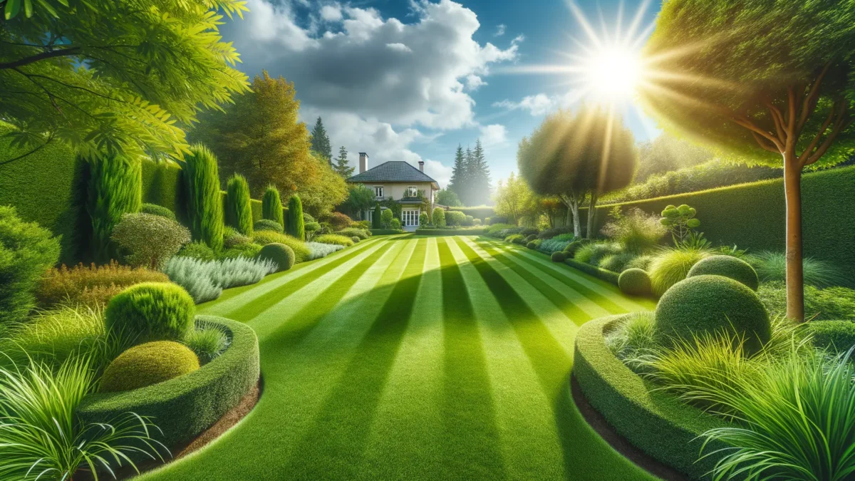 Amerikanischer Rasen im sonnigen Garten, gepflegt und trockenresistent