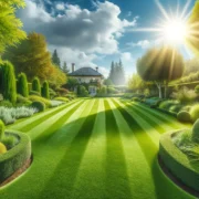 Amerikanischer Rasen im sonnigen Garten, gepflegt und trockenresistent