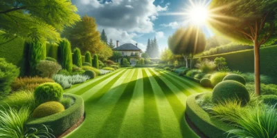 Amerikanischer Rasen im sonnigen Garten, gepflegt und trockenresistent