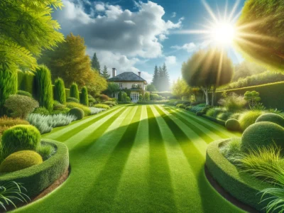 Amerikanischer Rasen im sonnigen Garten, gepflegt und trockenresistent