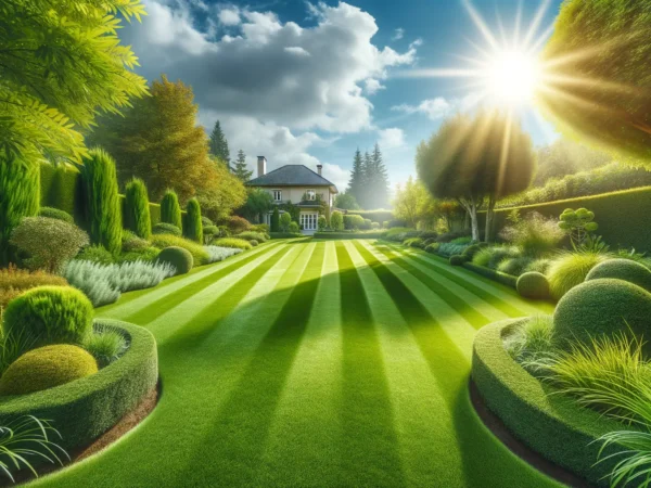 Amerikanischer Rasen im sonnigen Garten, gepflegt und trockenresistent