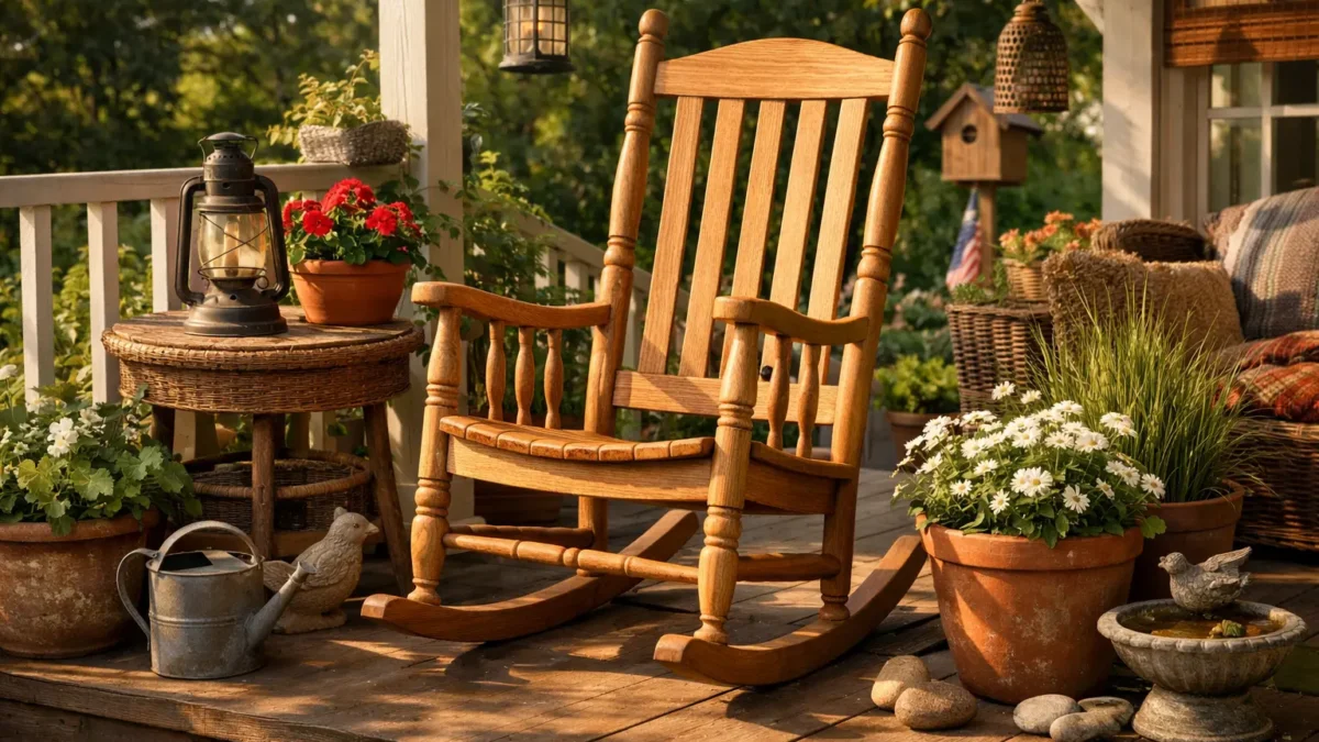 Amerikanischer Schaukelstuhl Outdoor auf Holzterrasse mit Gartendeko