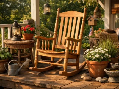 Amerikanischer Schaukelstuhl Outdoor auf Holzterrasse mit Gartendeko