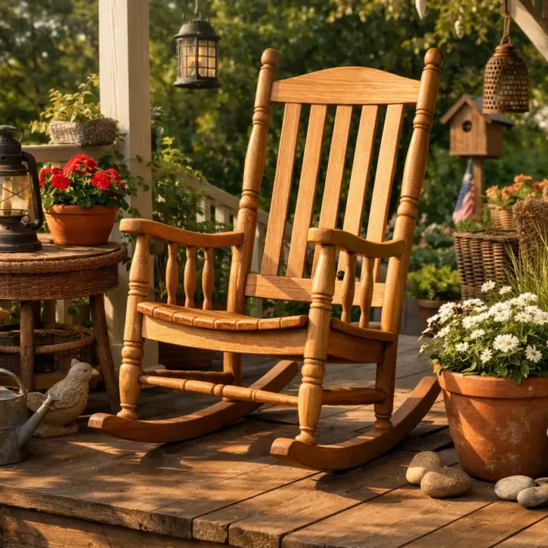 Amerikanischer Schaukelstuhl Outdoor auf Holzterrasse mit Gartendeko