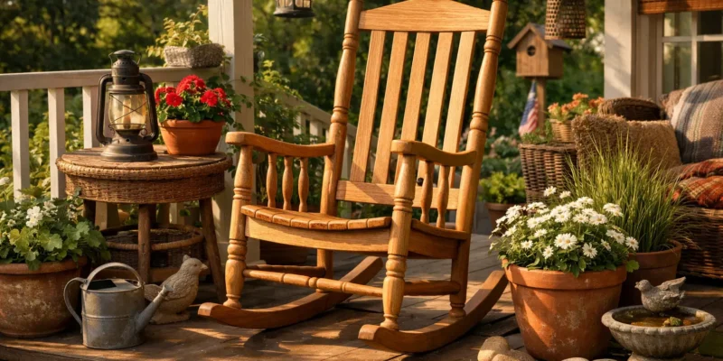 Amerikanischer Schaukelstuhl Outdoor auf Holzterrasse mit Gartendeko